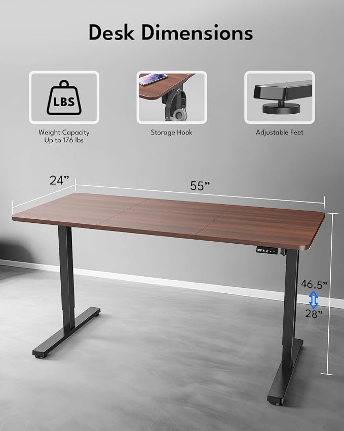 Large Electric Standing Desk, Gaming Desk, 55 x 24 Inch, Walnut | Height Adjustable Computer Desk with Smart Controller, Sit and Stand Up Table for Home, Office, Work, Study, Writing - Image 5
