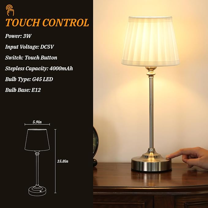 Kakanuo Cordless Table Lamp Rechargeable Silver - 1 Pack 4000mAH Battery Operated Lamp for Decor, 3000K Stepless Dimming Touch Control Wireless Lamp for Bedroom, Dining Table, Counter, Living Room - Image 4