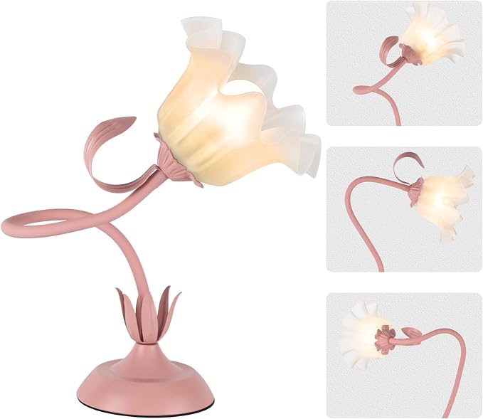 Cute Flower Desk Lamp, 3 Color Temperature Table Lamps with LED Bulb, Vintage Bedside Lamp, Reading Lamps with Soft Light for Bedroom, Living Room（Pink） by Fuzzbopn