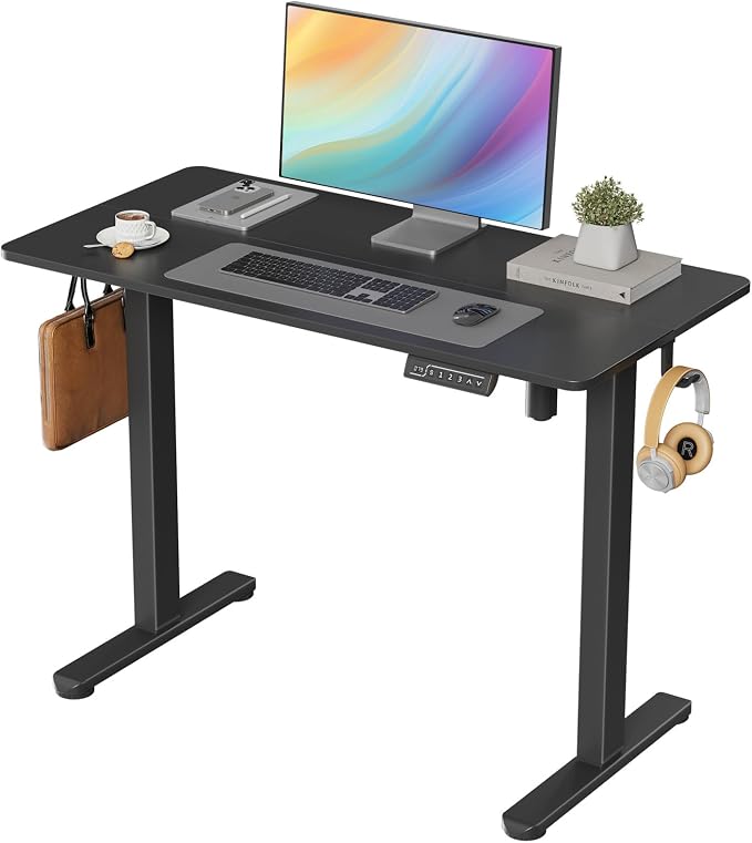 40" Electric Standing Desk, Black Standing Desk with 2 Hooks | Height Adjustable Sit Stand Desk with 2 Hooks, Stand up Desk with Splice Board & Sturdy Frame for Home Office by JYLHJOYSEEKER