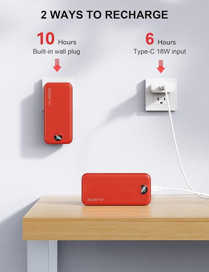 Nusyddy Portable Charger 20000mAh Fast Charging w/Built-in Wall Plug Red | PD20W Fast Charging, High Capacity, LED Display, Charge 5 Devices at once, TSA Approved, Compatible with iPhone/Samsung - Image 7