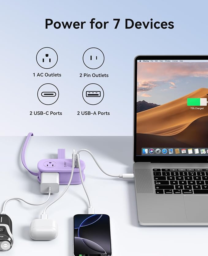 ORICO 65W GaN Travel Power Strip with Flat Plug and 4FT Extension Cord | 7-in-1 Charging Ports (3 AC Outlets/2 USB-A/2 USB-C), Fast Charger for MacBook Pro/Air, iPad Pro, iPhone 17/16/15- AP3 - Image 2