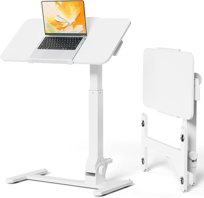 JOY worker Foldable Mobile Standing Desk, 180° Tilt Overbed Bedside Table | Height Adjustable, 31.5" White MDF Top with Lips, Collapsible Top & Base for Storage, Poratble Laptop Desk for Home Hospital - Image 10