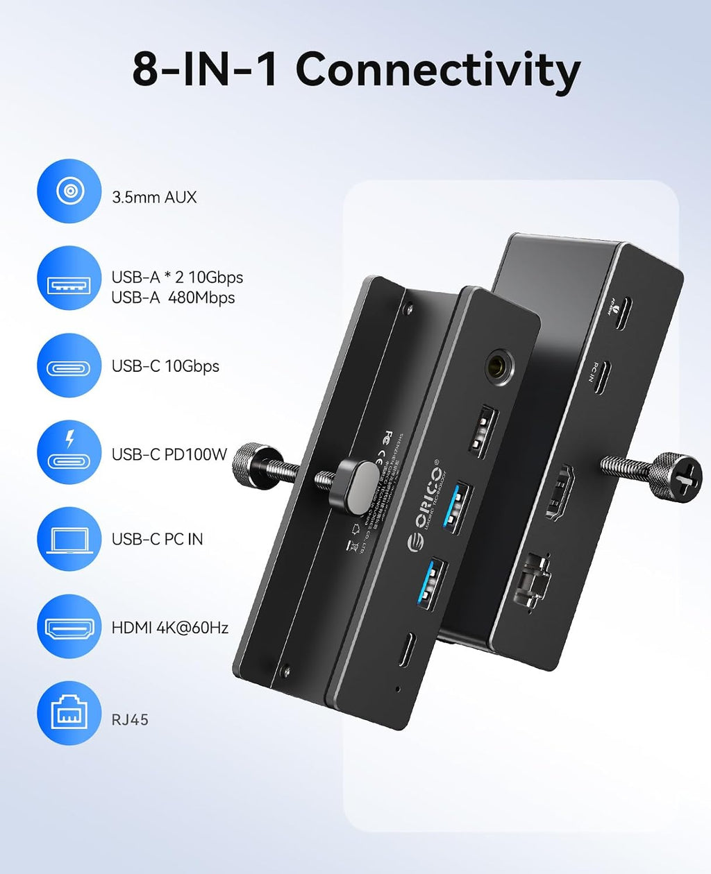 ORICO Clip Docking Station, 8-in-1 Clamp USB C Hub with 4K@60Hz HDMI, 100W PD, Gigabit Ethernet, 4xUSB Port, AUX, 10Gbps Clamp Docking Station for Laptop, MacBook, PC (Adapter Not Included) - Image 2