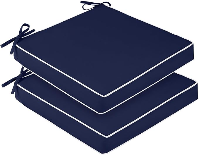 downluxe Waterproof Outdoor Chair Cushions Set of 2, 19" x 19" x 3" Patio Chair Cushion with Non-Slip Ties & Handle, Square Outdoor Cushion for Patio Furniture with Removable Cover, Navy/White by Downluxe