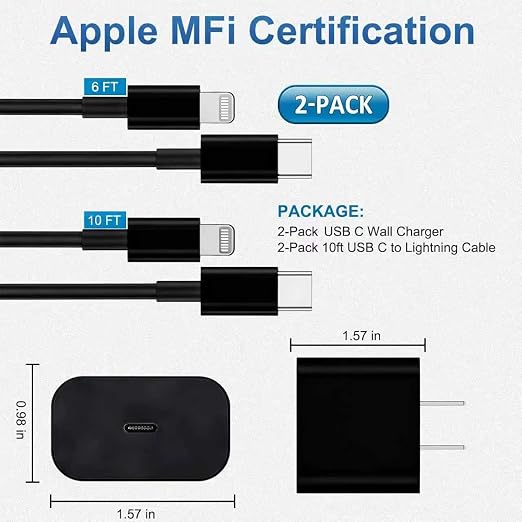 iPhone Charger Fast Charging, USB C Charger Block, 6FT/10FT Lightning Cable | For Apple iPhone 14/13/12/11 Series, 2-Pack USB C to Lightning Cables, AirPods with Lightning Charging Case,Black - Image 6