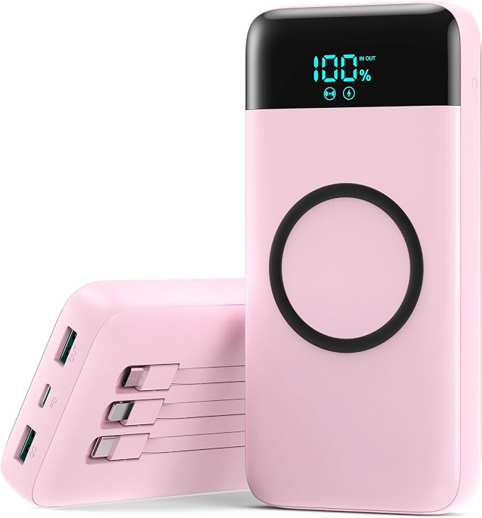 YHO Wireless Portable Charger 40800mAh for iPhone with Built-in Cables, Wireless Charging USB C Power Bank,25W PD Fast Charging Travel Essential Battery Pack for iPhone 17/16/15,Android-Pink by YHO