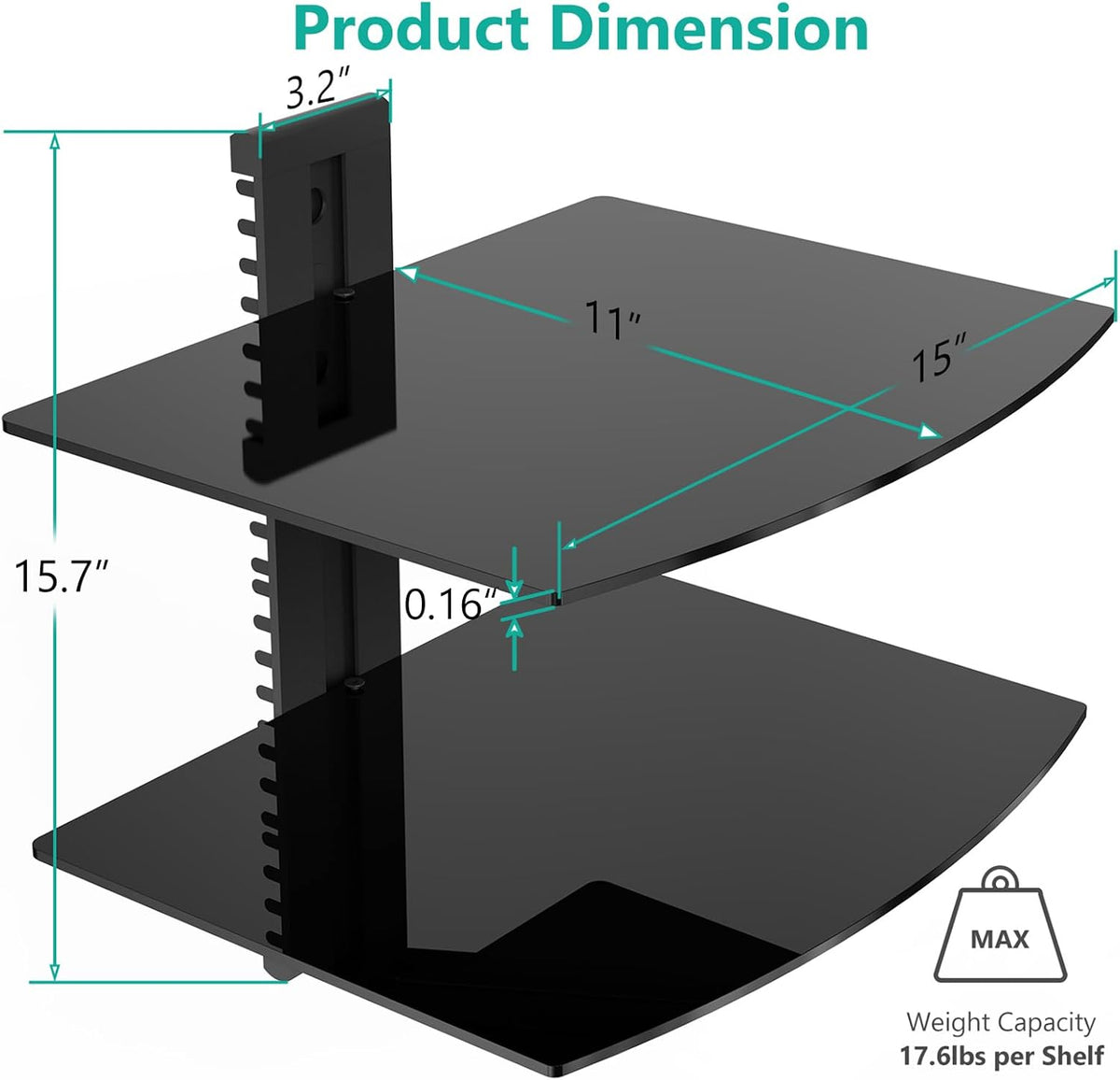 WALI 2 Tier Glass Floating TV Wall Shelf for Projector, DVD Players - Image 3