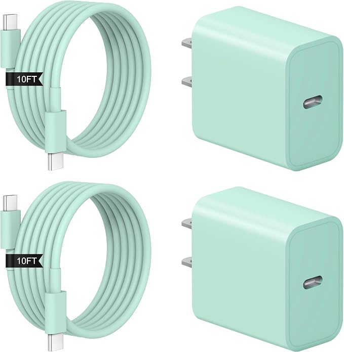 iPhone 17 16 15 Charger Fast Charging 2+2Pack 20W USB C Wall Charger with Extra Long 10FT Fast Charging Cable Compatible with iPhone 17/17 Air/17 Pro/17 Pro Max/iPhone 16/15 Series, iPad Pro -Green by Coreykin