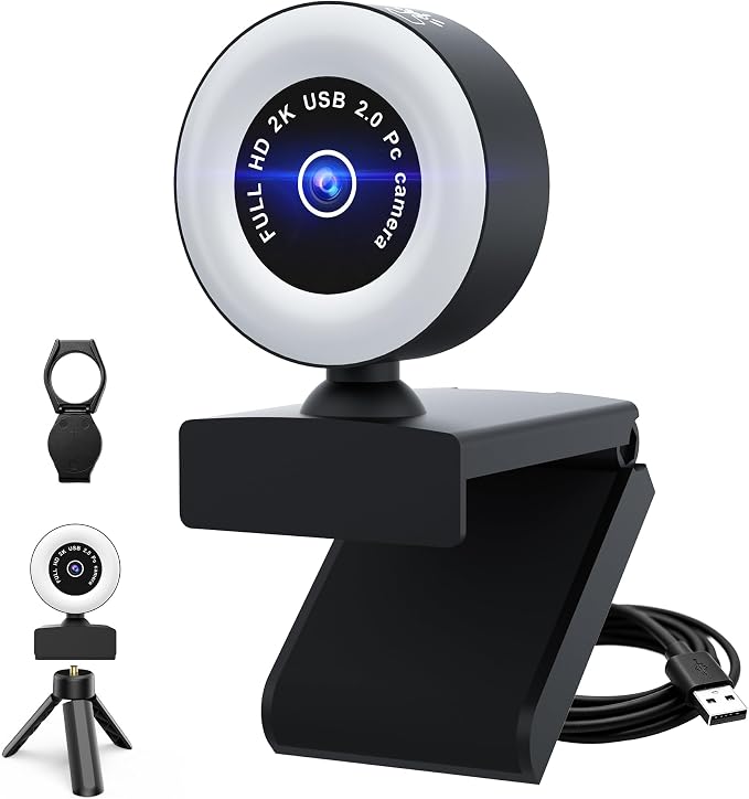 USB HD 4K Video Webcam，with Ring Ligh and Microphoneand Rotatable Tripod& Privacy Cover for PC，, Fast AutoFocus，with Auto White Balance for Video Calls, Live Streaming Gaming & Online Meetings by Unknown
