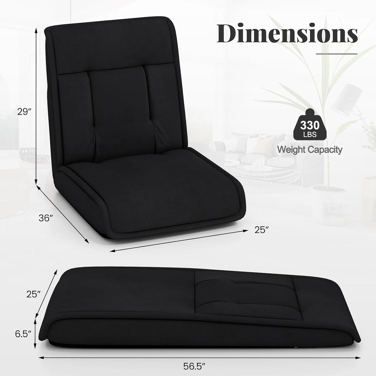 COSTWAY Folding Floor Chair, Convertible Lazy Sofa (Black) - Image 3
