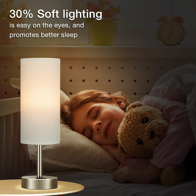 Small Touch Table Lamp for Bedroom - Bedside Desk Lamp for College Dorm | USB A+C Ports, 3-Way Dimmable, LED Bulb Included, White Fabric lampshade, Silver Metal Base, Compact 14" Night Stand Lamp - Image 6