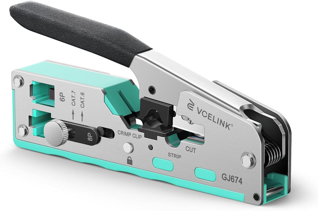 VCELINK RJ45 Crimp Tool, All-In-One CAT7/6A Crimper, Adjustable Knob, Green by VCELINK
