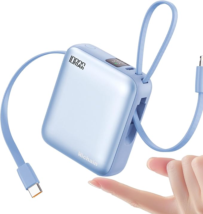 Hichain Mini Portable Charger with Built in Cables LED Display, Mini Power Bank 10000mAh 22.5W USB-C Fast Charging Portable Charger, Small Power Bank for iPhone Compatible with iPad & Android Blue by Hichainmakeyourlifebetter