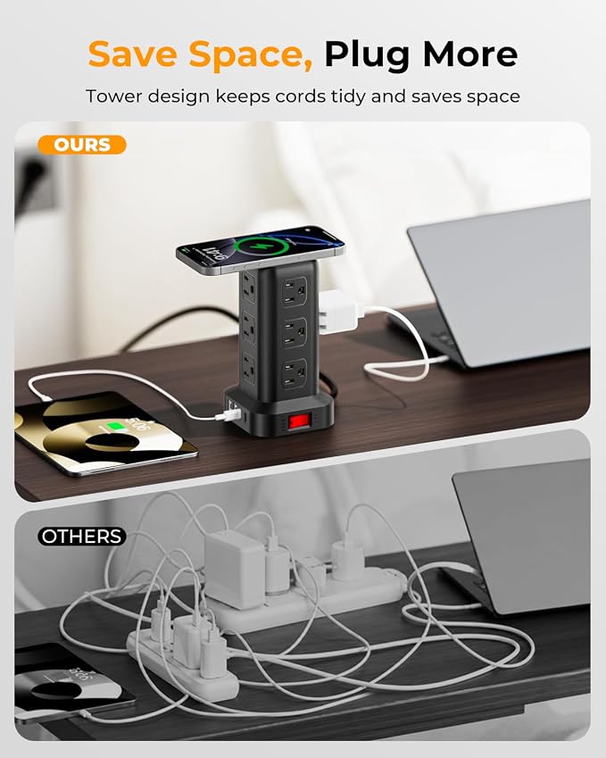 Power Strip with 12 Outlets 4 USB (1 USB C), 6.5Feet Extension Cord with Multiple Outlets, Charging Station, Power Strip Tower, Home Office Desk Supplies - Image 7