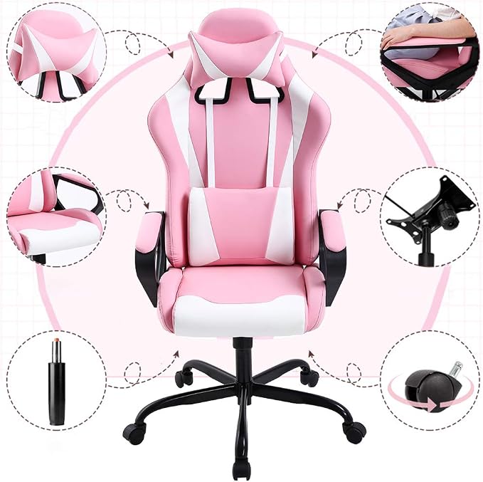 BestOffice Gaming Chair | Pink | Desk Chair with Adjustable Lumbar Support | Headrest Pillow | Ergonomic Racing Style Seat with Recline, Swivel Base & Rolling Wheels | For Gamers, Home, Office - Image 4
