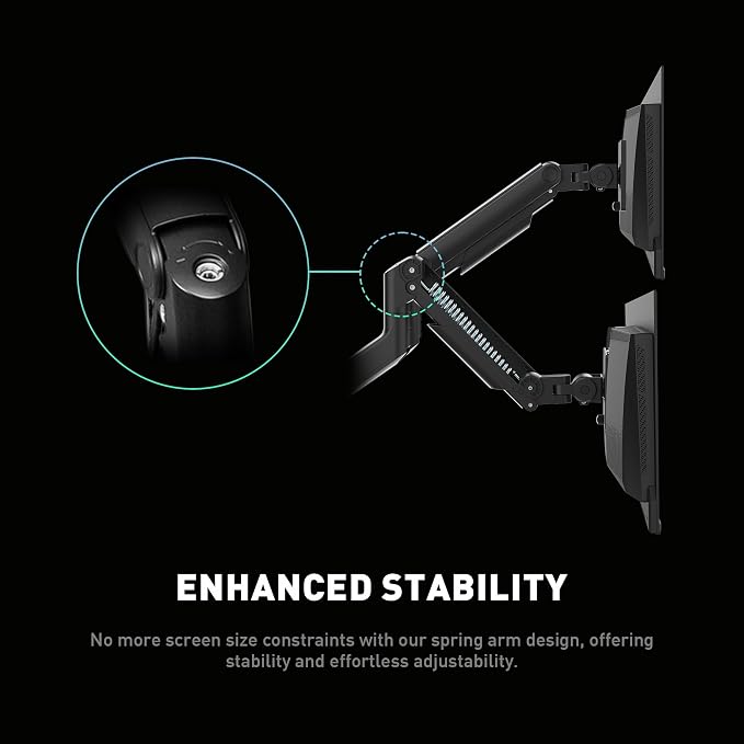 MSI MAG MT201D - Premium Heavy Duty Dual Monitor Stand Arms, 17-45" Support, VESA Compatible, Adjustable Spring Mount, 44 lbs per Screen, Clamp & Grommet, Quick Release Plate - Black - Image 8