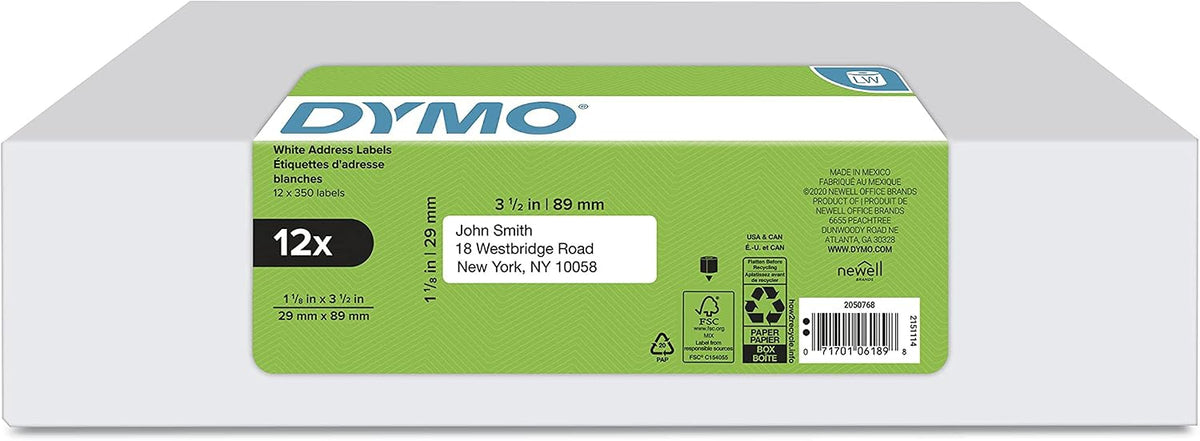 DYMO Authentic LW Mailing Address Labels for LabelWriter Label Printers, White, 1-1/8" x 3-1/2", 12 Rolls of 350 (4200 Total) by DYMO