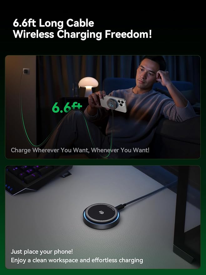 Qi2.2 25W Magnetic Wireless Charger, for iPhone 17-12 and AirPods | Fast Wireless Charging Pads with Cooling Fan, 6.6 ft Cables, for Travel, Desk and Nightstand - Image 6