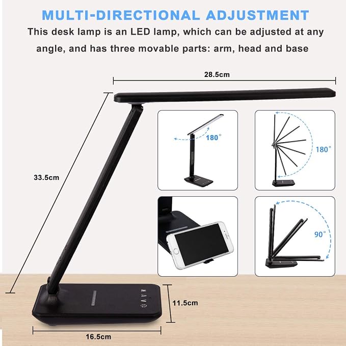 LED Desk Lamp with Wireless Charger, Suitable for Home, Office Dimmable, with USB Charging Port, Built-in Clock, Calendar, Thermometer and Automatic Timing Reading Desk Lamp. - Image 6