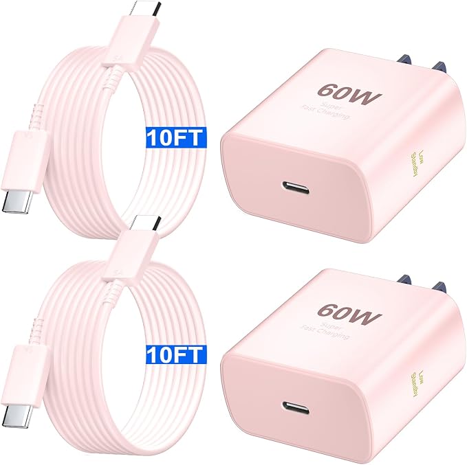 Super Fast Charger Type C 60W USB C Fast Charger Block with 10FT Extra Long Type-C Charging Cord-Super Fast Charging 3.0 for Samsung Galaxy S26 Ultra/S26/S26+/S25 /S24/S23 Ultra-Pink by Auorld