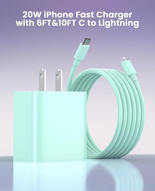 iPhone Charger Fast Charging, USB C Charger Block, 6FT/10FT Lightning Cable | For Apple iPhone 14/13/12/11 Series, 2-Pack USB C to Lightning Cables, AirPods with Lightning Charging Case,Green - Image 5