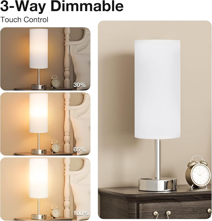 Small Touch Table Lamp for Bedroom - Bedside Desk Lamp for College Dorm | USB A+C Ports, 3-Way Dimmable, LED Bulb Included, White Fabric lampshade, Silver Metal Base, Compact 14" Night Stand Lamp - Image 3