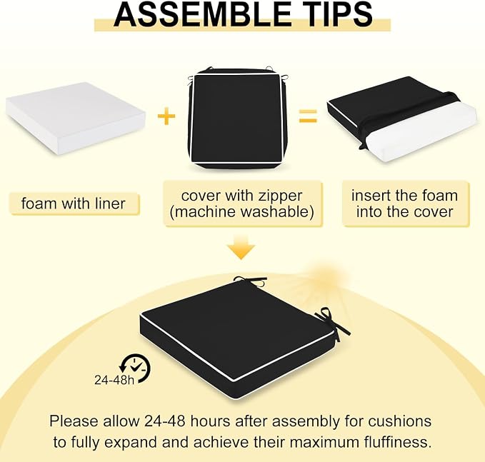 downluxe Waterproof Outdoor Chair Cushions Set of 2, 19" x 19" x 3" Patio Chair Cushion with Non-Slip Ties & Handle, Square Outdoor Cushion for Patio Furniture with Removable Cover, Black/White - Image 7