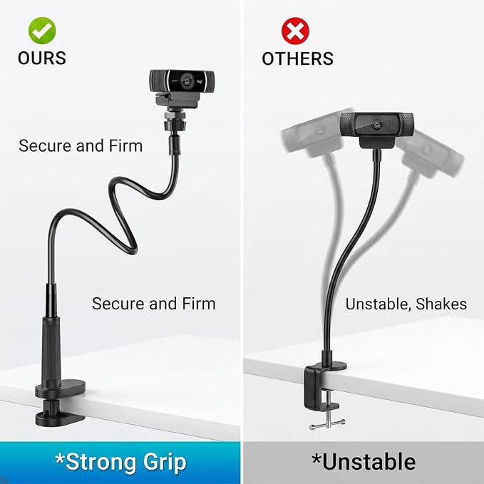 Webcam Stand Camera Desk Mount with Phone Holder for Logitech C922 GoPro | 36" Flexible Webcam Stand, Thick Base & Clamp Mount | Compatible with Logitech C930e/C930/C920/C922x/Brio 4K & GoPro Hero 8-4 - Image 6