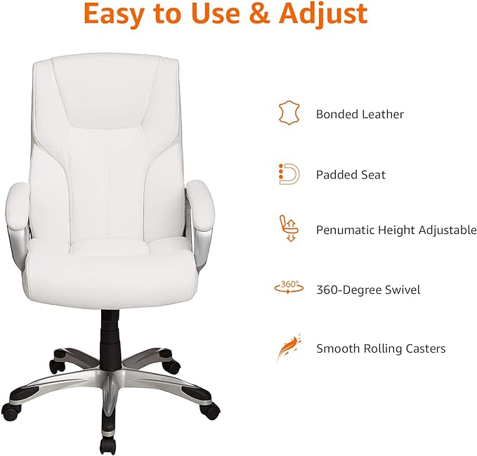 Amazon Basics Executive High Back Office Desk Chair, Adjustable Height, Tilt, Swivel, 275lb Capacity, Bonded Leather, White/Pewter - Image 4