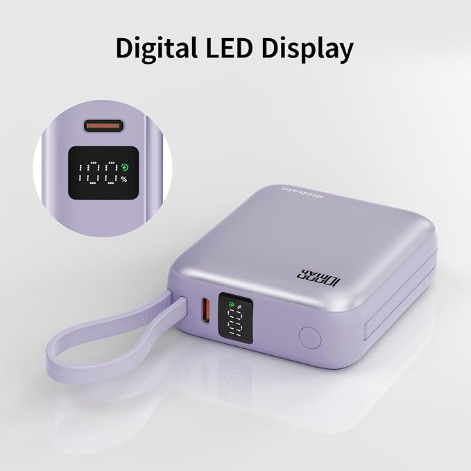 10000mAh Small Portable Charger with Built in Cables LED Display Purple | Mini Power Bank 22.5W USB-C Fast Charging Battery Pack, Travel Essential Power Bank for iPhone, iPad, Samsung, Android - Image 5