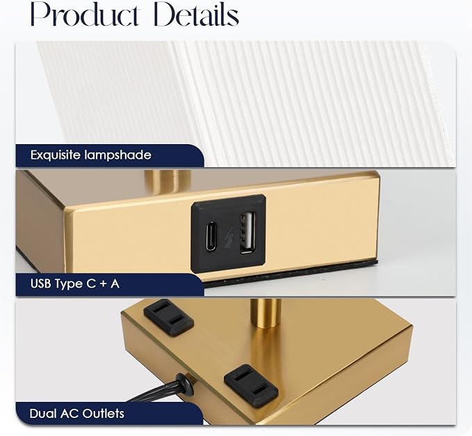 Set of 2 Bedside Table Lamp 3 Way Dimmable Nightstand Lamp with USB C & USB A Charging Port, 2 AC Outlets, 3000K LED Bulbs (Pleate) - Image 5