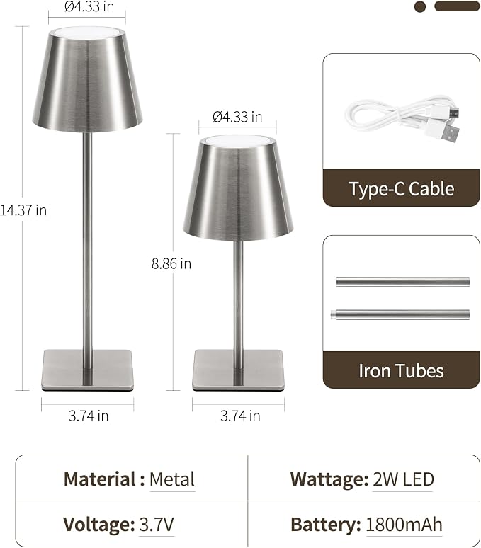 UME Cordless Table Lamp, Battery Operated Lamp - Portable Waterproof Rechargeable Table Lamp w/ 3 Color Temps & Stepless Dimming for Dinner, Desk, Cafe, Outdoor (Brushed Silver) - Image 6
