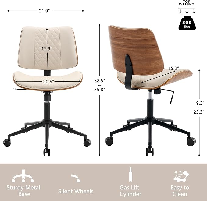 Home Office Chair No Arms with Wheels, Adjustable Height Small Desk Chair, PU Leather Mid Back 360 Swivel Computer Chair, Armless Modern Walnut Chair for Office, Reading Meeting Room(Beige) | Adjustable Height Small Desk Chair, PU Leather Mid Back 360 ... - Image 2