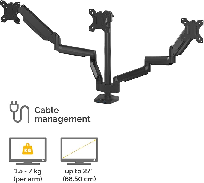 Fellowes Platinum Series Triple Monitor Arm for 27-Inch Monitors, Full Motion, 360° Rotation, VESA Mount with Grommet or Clamp, USB Ports, Ergonomic, Black, 8042601 - Image 4