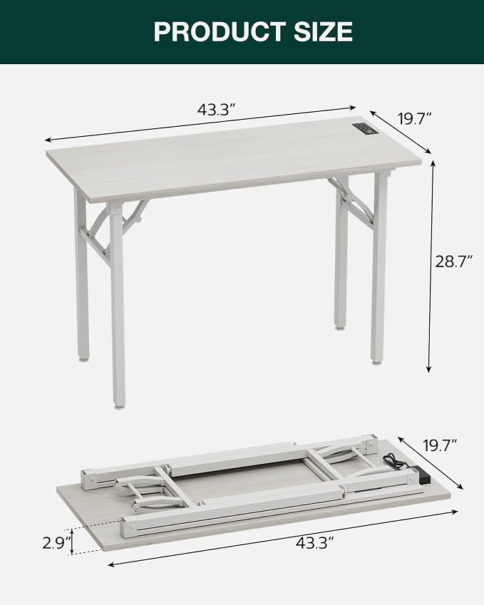 Small Folding Computer Desk – 43.3 Inch Portable Table for Craft and Study, Lightweight Desk for Small Spaces, Foldable Laptop Table Built-in AC/USB Outlets for Convenience, White Ash - Image 2