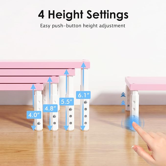 ECOLOVI Adjustable Wood Computer Monitor Stand Riser, Office Desk Organizer and Accessories for Monitor, Laptop, PC, Printer, Office Desk Accessories Workspace Organizer for Home Office Supplies, Pink - Image 3