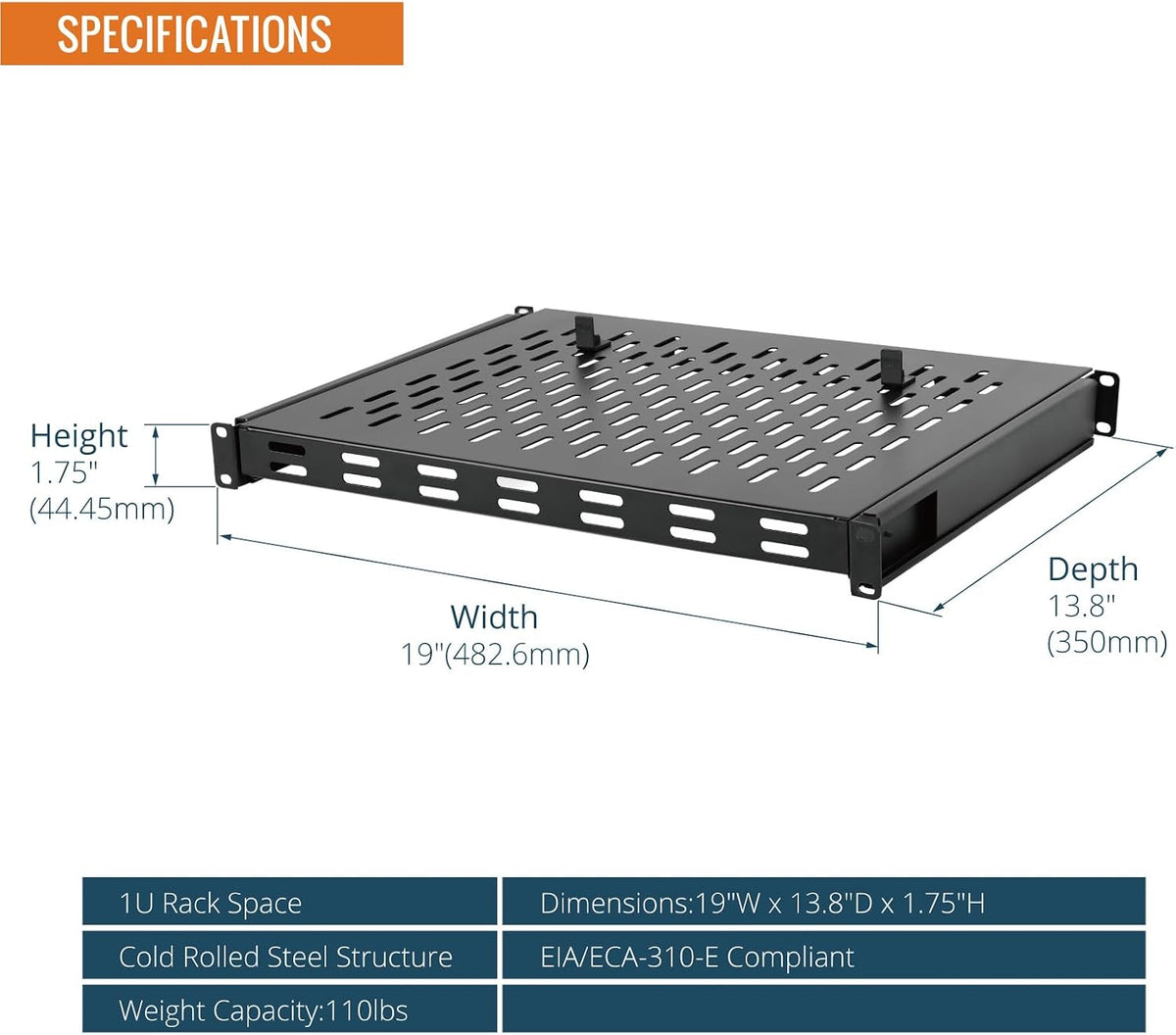 Tecmojo 1U Sliding Rack Shelf,4-Post Vented Rack Mount Shelf,13.8in Deep with Adjustable Mounting Depth 13.8-19.7in,Supports to 110lbs,for 19 Inch AV/Network Equipment Rack,Unassembled,Black - Image 2