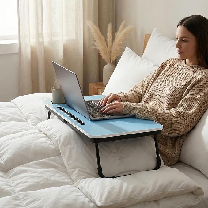 BUYIFY 23.4" Foldable Lap Desk Bed Table with Cup Holder Tray Blue | Portable Folds Flat for Easy Storage, No Assembly Laptop Bed Desk, Sturdy and Lightweight, Patent Design - Image 6