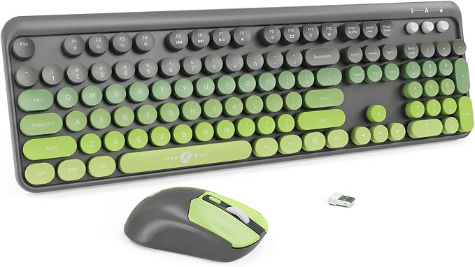 Wireless Keyboard and Mouse Combo, 104 Round Keys Cute Colorful Keyboard and Mouse with Retro Typewriter for PC/Mac/Laptop/Tablet/Computer/Windows Gray Green by TT-FOPETT