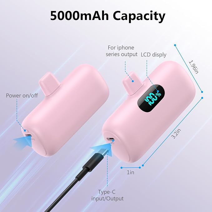 Mini Portable Charger for iPhone 14/13 Series,Upgraded 5000mAh PD Fast Charging Battery Pack,LCD Display Cute Power Bank Portable Phone Charger for iPhone 14/14 Pro Max/13/12 Pro/11/XS/XR/X/8/7/6 - Image 5