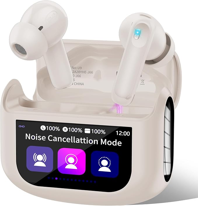 Wireless Earbuds, AI Translation Earbuds Real Time Touch Screen, Warm Beige | 5 EQ Modes, 48H AI Ear Buds with ANC Noise Cancelling/Transparency Mode, IPX7 Waterproof, 164 Language/7 Translation Modes by QXUFV