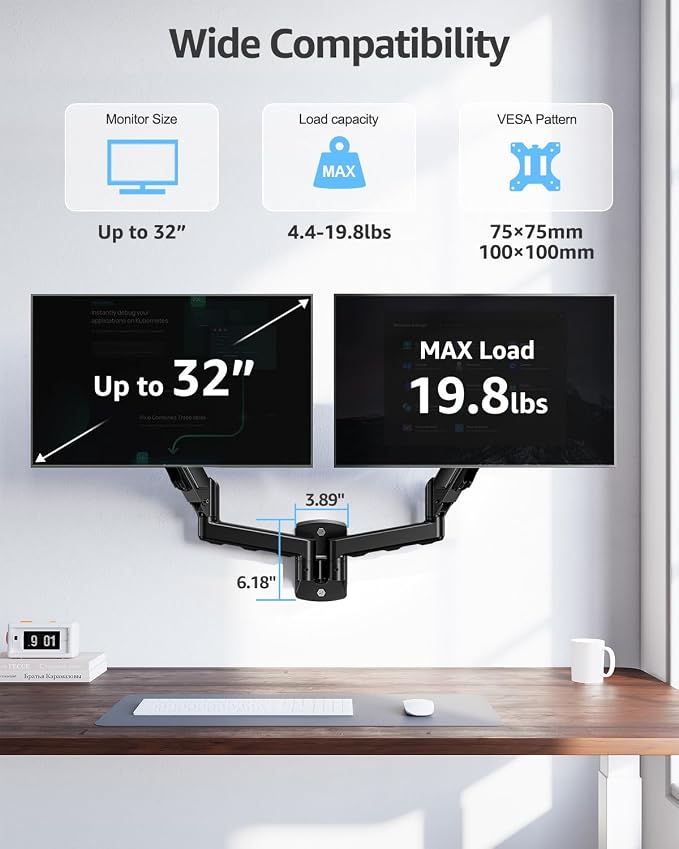 MOUNTUP Dual Monitor Wall Mount for 2 Max 32 Inch Computer Screen, Fully Adjustable Double Monitor Arm, Wall Mounted Monitor Holder Support 4.4-19.8lbs Display, VESA Bracket 75x75, 100x100 - Image 2