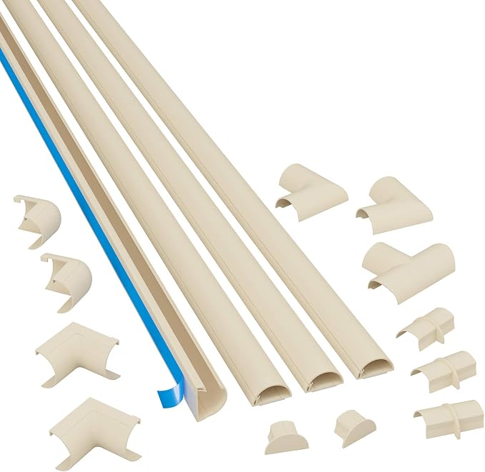 D-Line 13.12ft Cord Hider Kit, Patented Cable Cover, Hide Wires on Wall, Channel for TV Mount Cords, Raceway Wire Hiders, Paintable, Adhesive, Half Round, 4X 1.18in W x 0.59in H x 39in Lengths, Beige by D-LineUSAinc