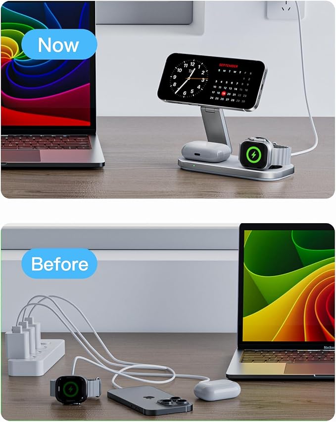 3-in-1 Charging Station for Apple Device, Foldable Magnetic Wireless Fast Charger Stand Compatible with MagSafe for iPhone 17e/17/16/15/14/13/12/Air Series, Apple Watch & AirPods-White - Image 7