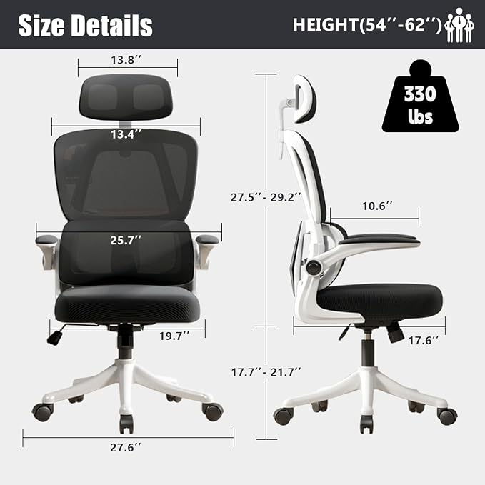 Ergonomic Office Chair with Dynamic Lumbar Support & Adjustable Headrest – High Back Desk Chair with 90° Flip-up Arms, Comfort Mesh Computer Chair for Home Office Long Hours Sitting,Black - Image 2