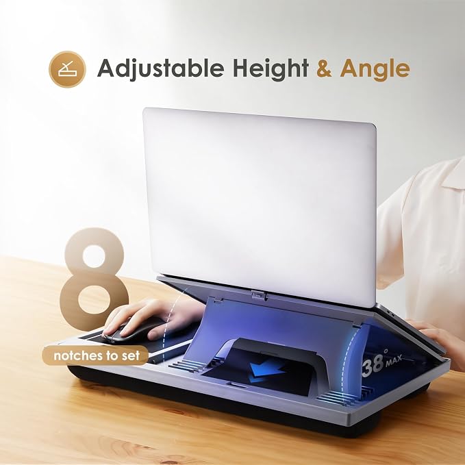 Adjustable Laptop Desk with Cushion, Mouse Pad & Cellphone Slot - Laptop Stand for Bed & Couch, Riser for Home & Office (Grey) | Built-in mouse pad, phone & pen slots, dual-cushion base, anti-slip design, raises the screen, for home office, bed, sofa - Image 2
