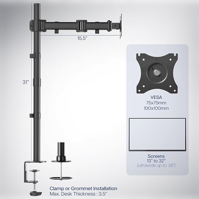 VIVO Single Monitor Desk Mount, Extra Tall Fully Adjustable Stand for 1 LCD Screen up to 32 inches, Ultra Wide Screens up to 38 inches, 22 lbs Capacity, STAND-V001T - Image 3