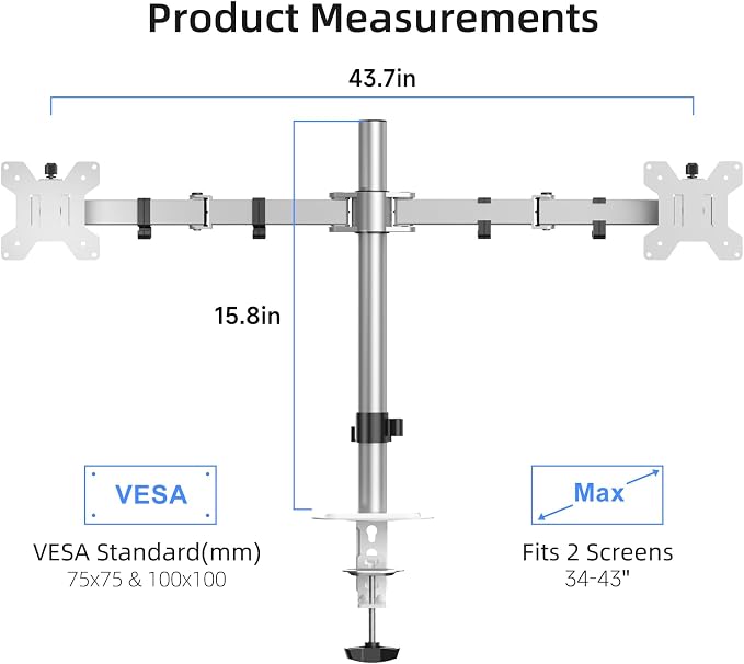 Suptek Dual Monitor Desk Mount, Adjustable Dual Monitor Arm for 2 Monitor Screens up to 43 inch, 15.75" Pole Monitor Stand for Desk, Holds up to 22 lbs,Silver(MD9442LS) - Image 2