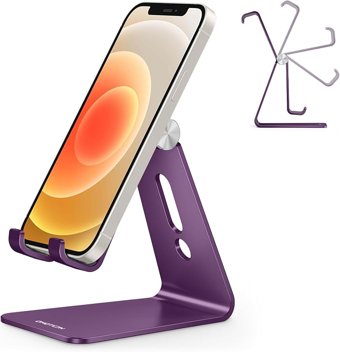 OMOTON C2 Adjustable Cell Phone Stand with Charging Cutout, Deep Purple | Sturdy 3mm Aluminum, Charging Port, 270° Adjustable, Non-Slip Silicone Pads, Works with Thick Cases, for All Smartphones by OMOTON
